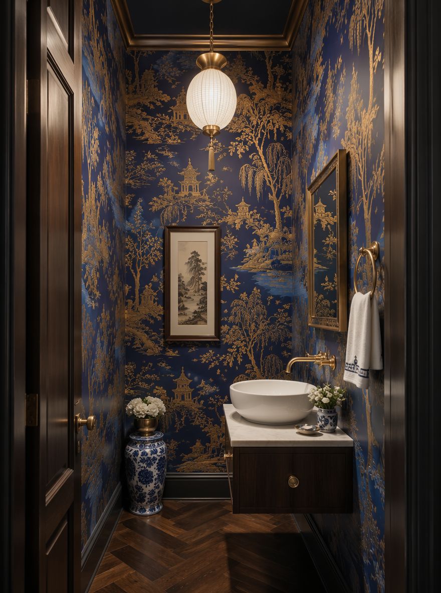 Chinoiserie pattern reaches from floor to ceiling