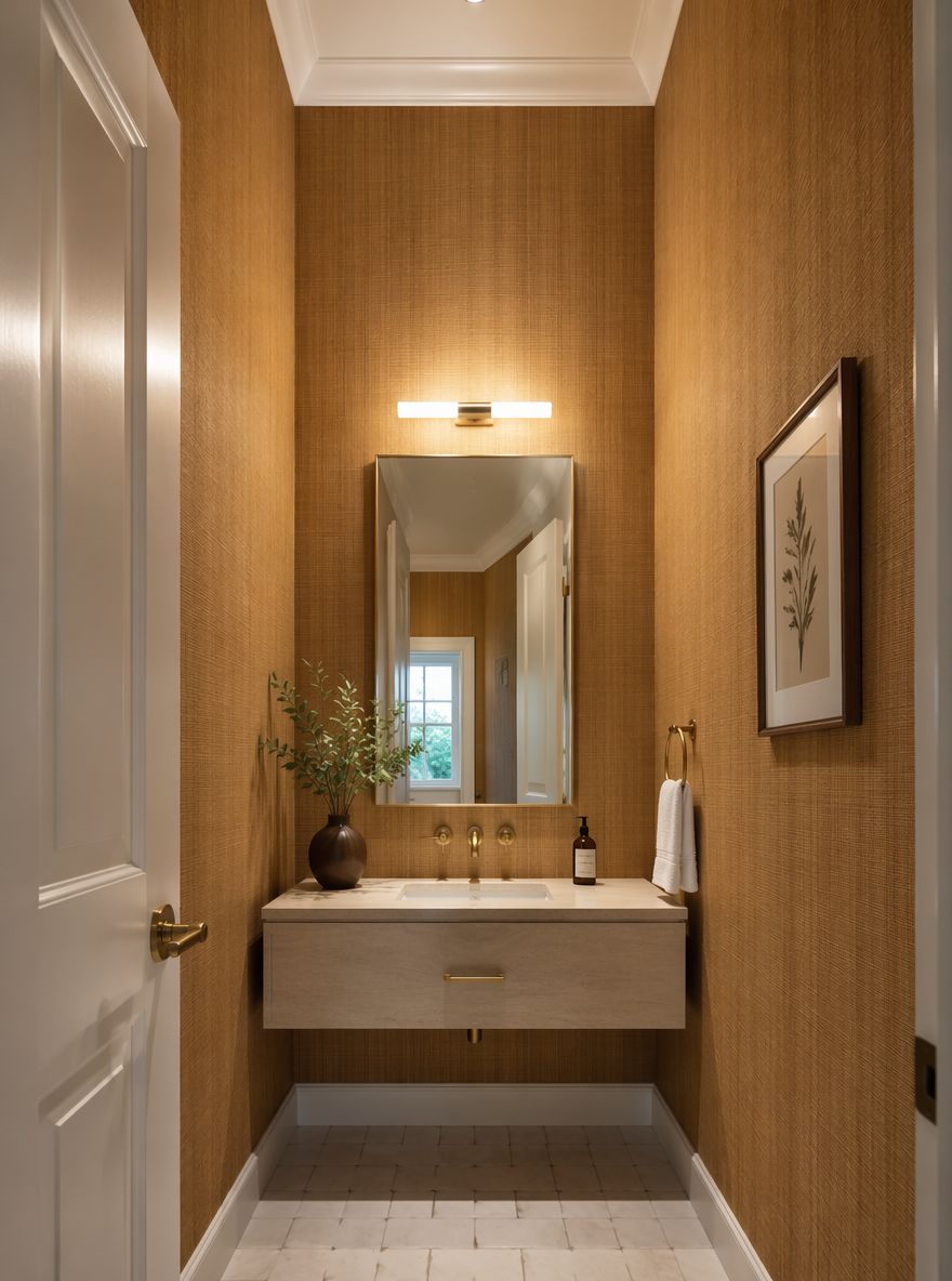 Grasscloth texture in warm ochre, floor to ceiling