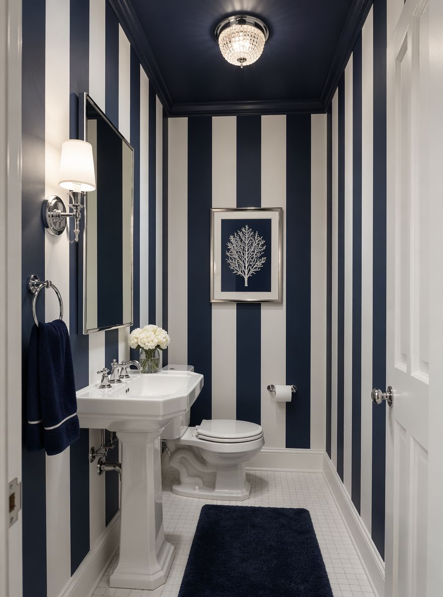 Bold navy stripe extends up to painted ceiling