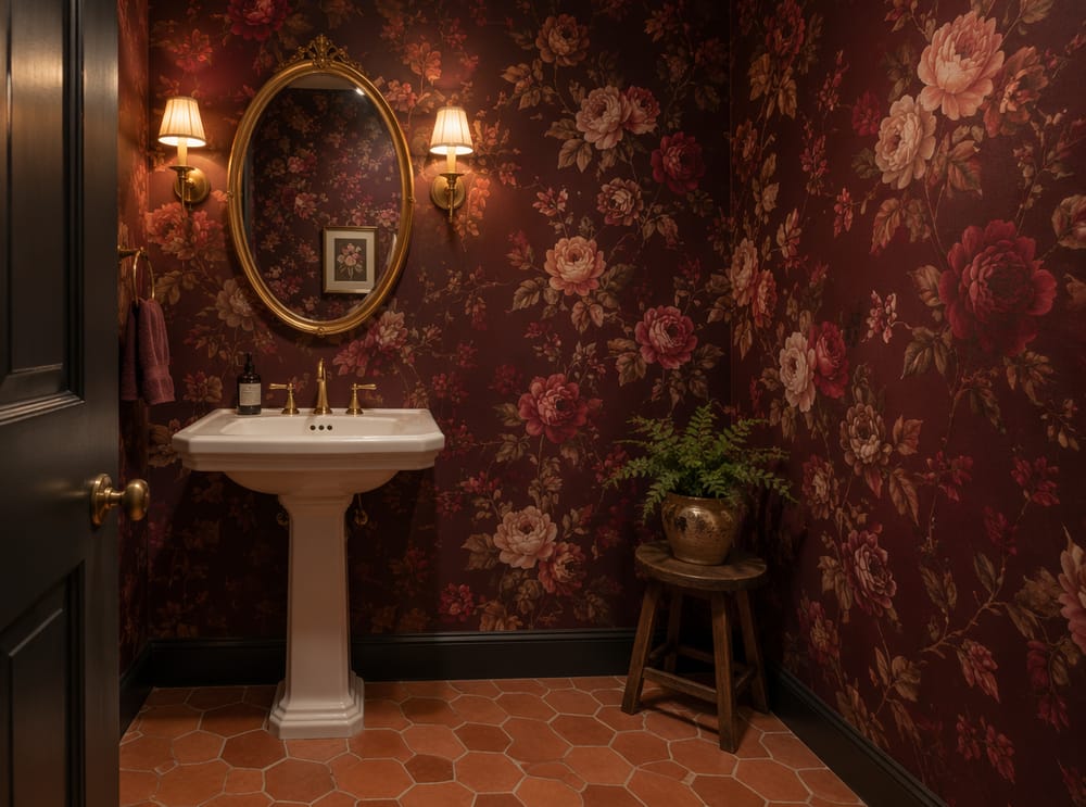 Large-scale floral in deep burgundy and brass