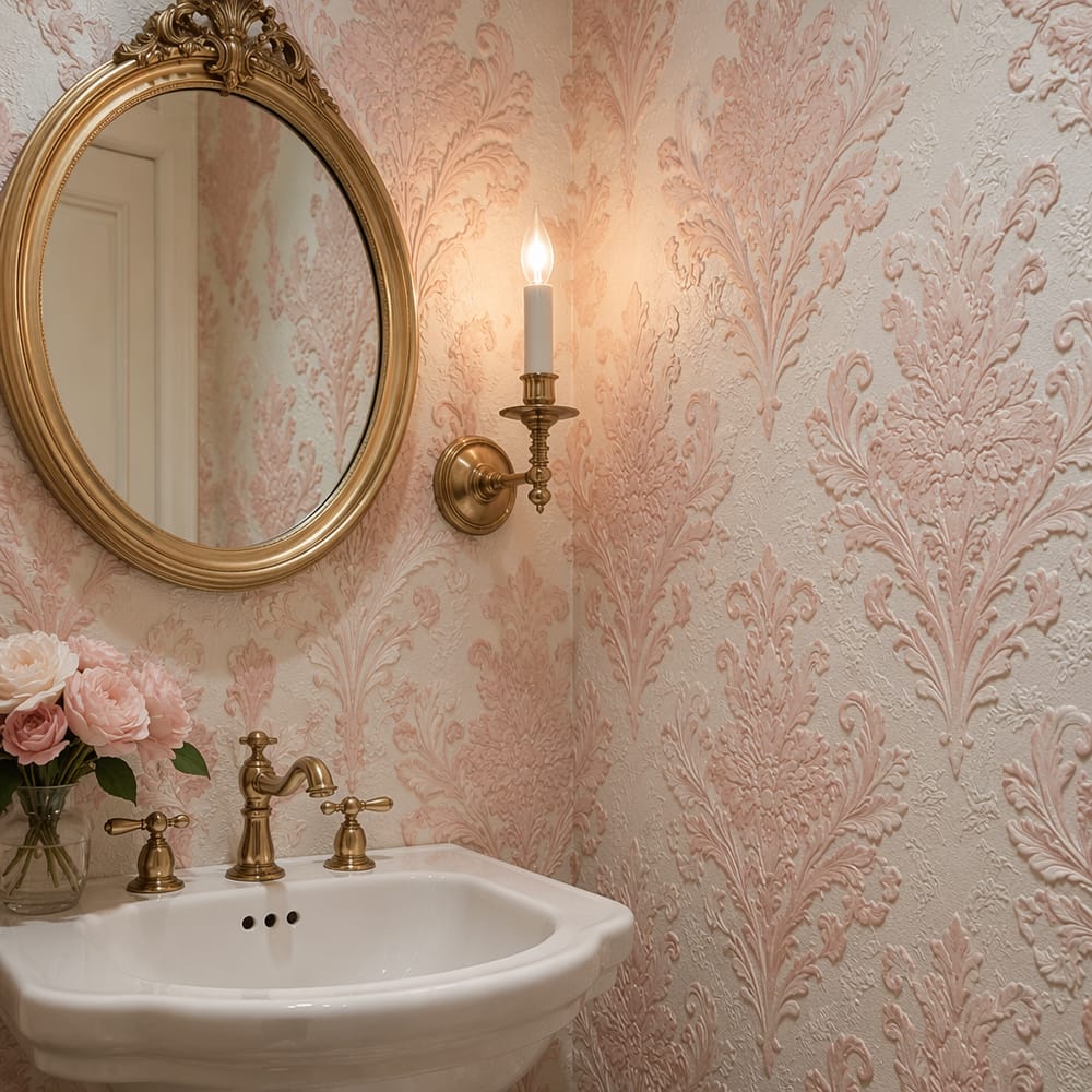 Embossed damask in blush with gilded mirror