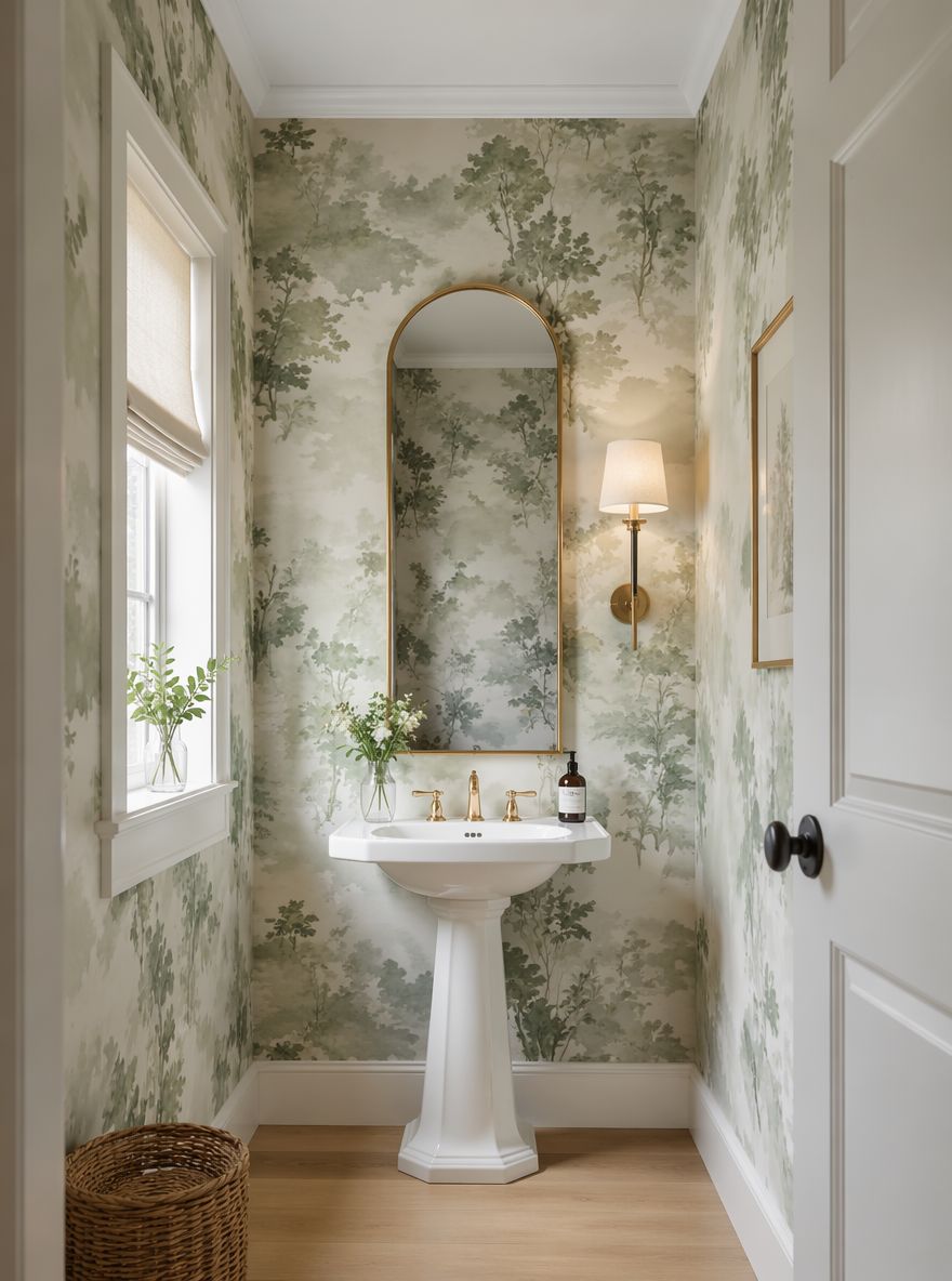 Watercolor wash wallpaper in sage green and white
