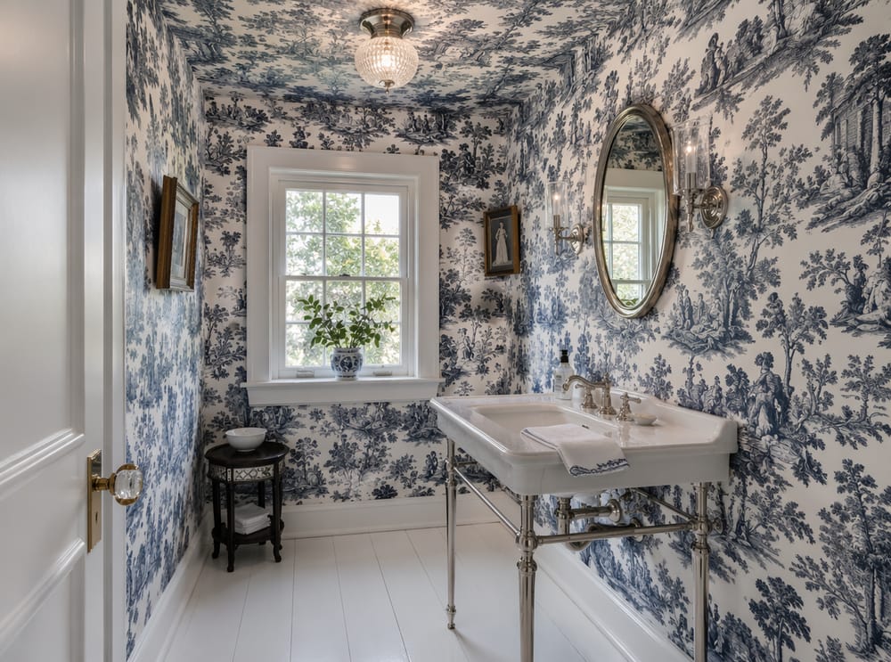 Toile de Jouy wraps walls and ceiling in blue