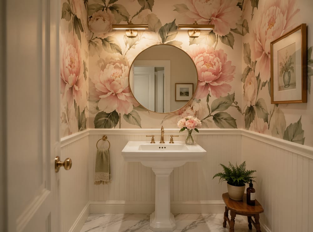 Giant watercolor peonies above beadboard wainscoting