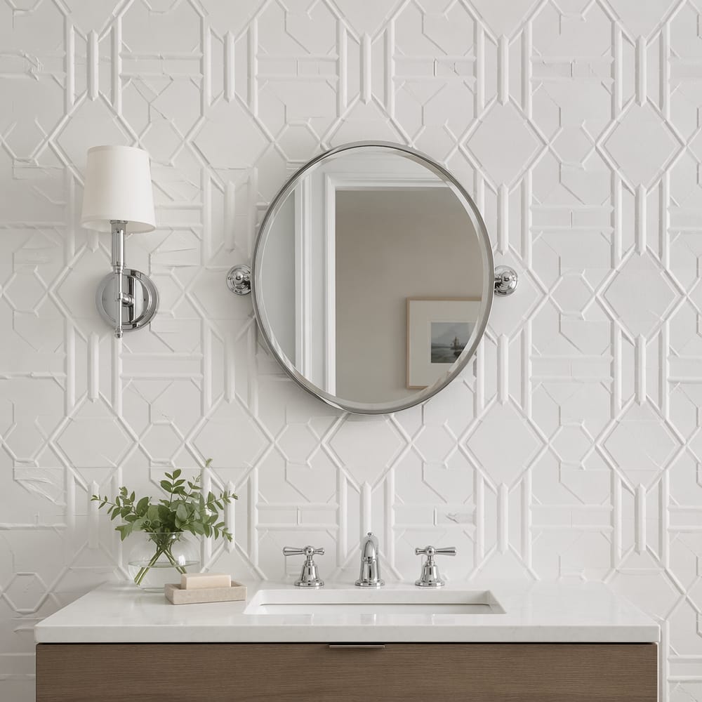 Raised-relief geometric wallpaper in crisp white