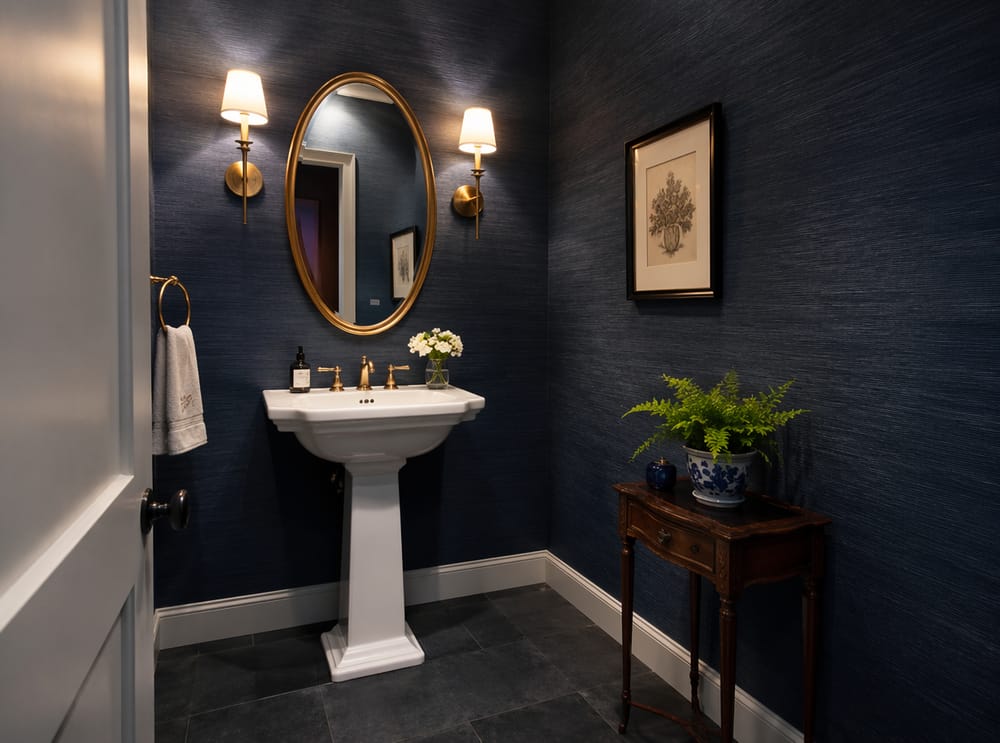 Dark navy grasscloth with brass oval mirror