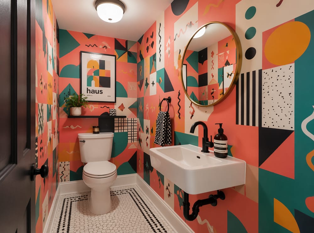 Memphis-style geometric in coral, teal, and yellow