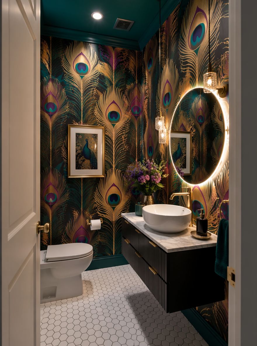 Peacock feather pattern in jewel tones, gold fixtures