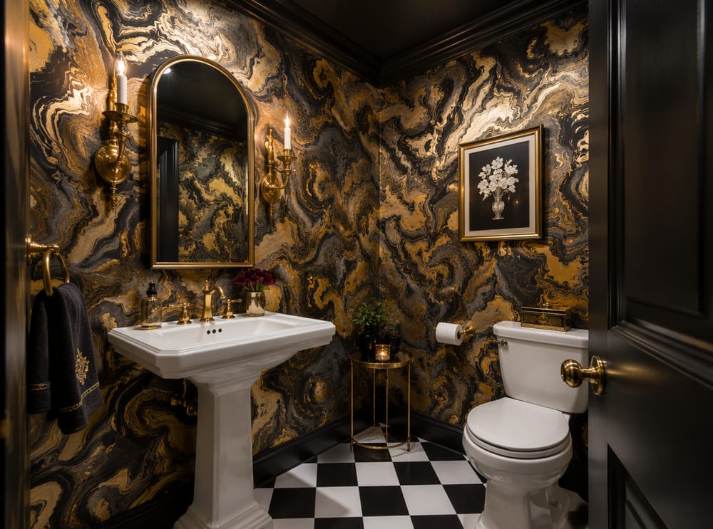 Swirling black and gold marble wallpaper, checkerboard floor