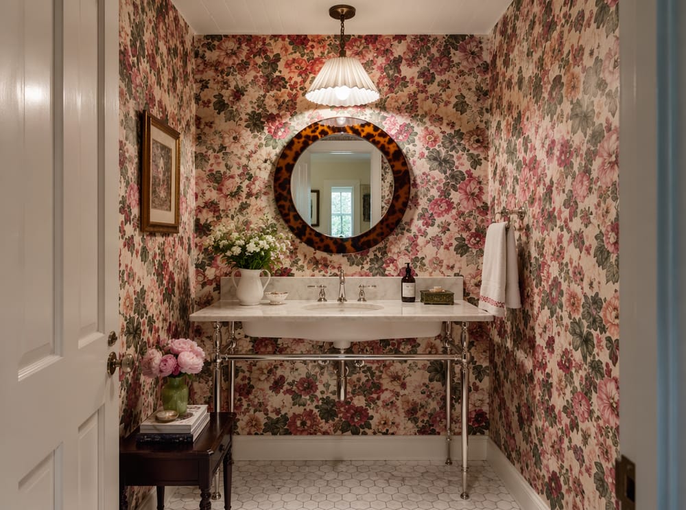 Vintage chintz floral in pink and red, marble floor