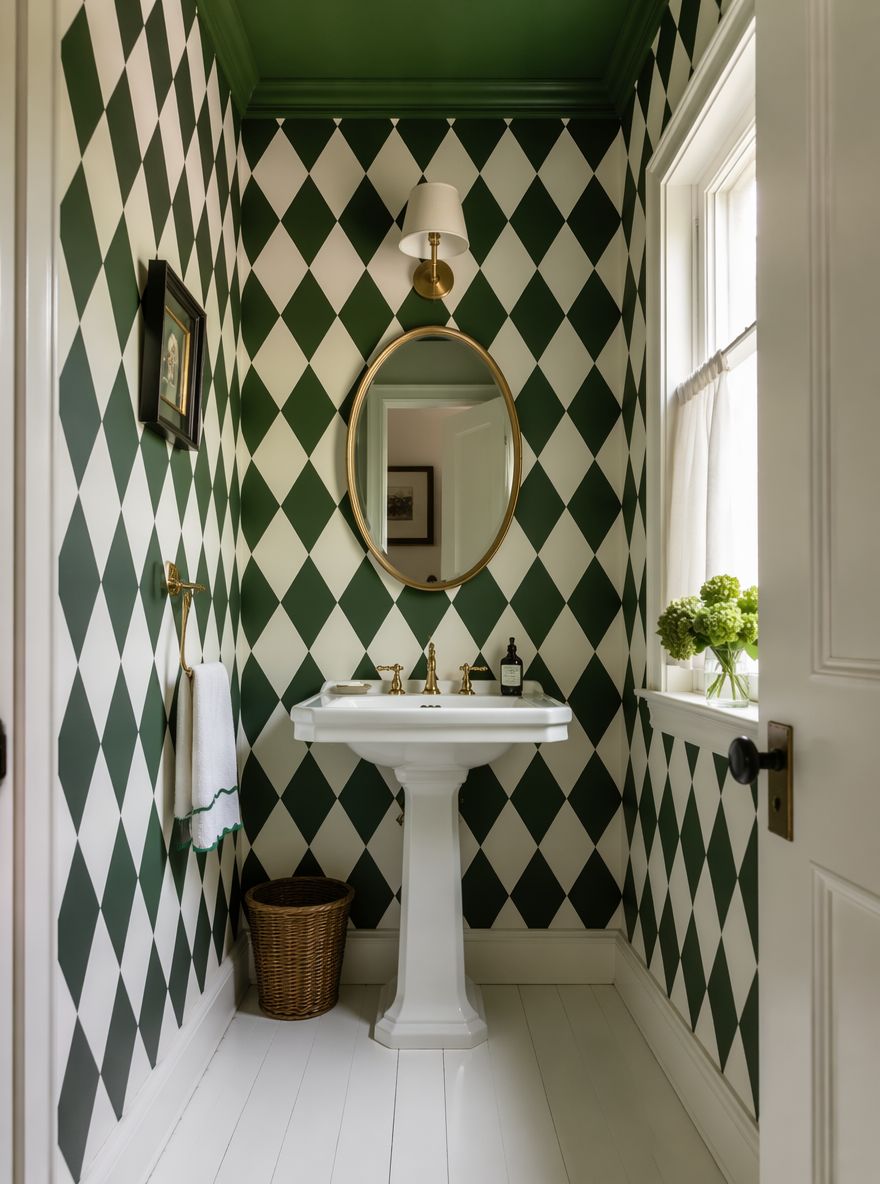 Harlequin diamond in forest green and white, painted ceiling