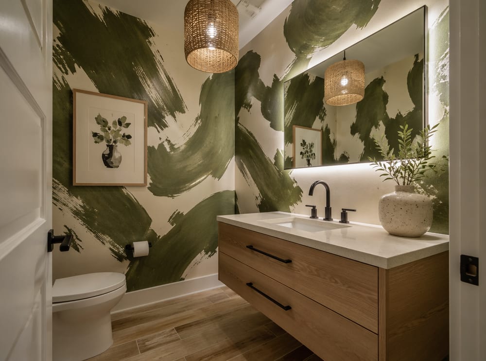 Oversized olive brushstroke pattern, warm wood tile floor