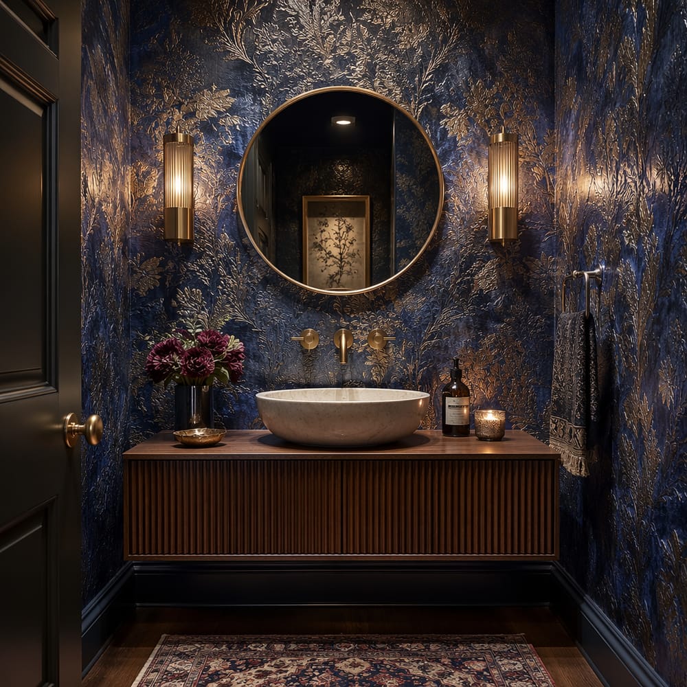 Sapphire foiled wallpaper with brass vessel sink