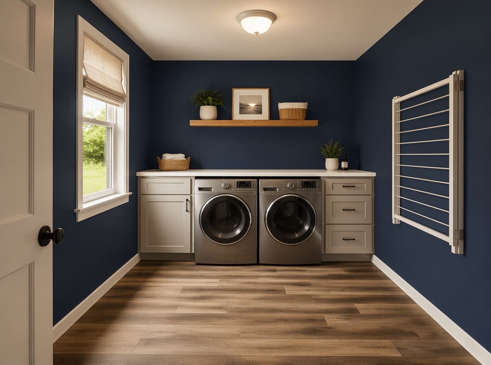 Plancia vinilica effetto legno contro pareti blu navy