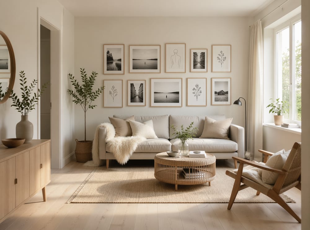 Cornici in betulla e disegni lineari in ambiente scandinavo