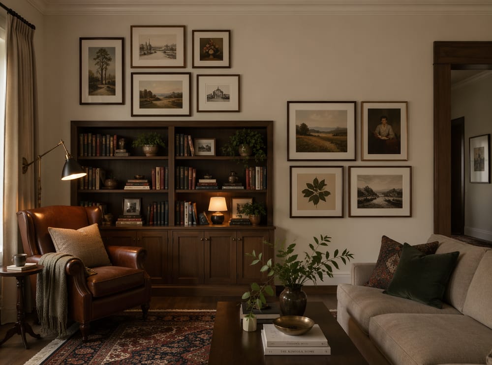 Cornici galleria integrate attorno alla libreria a muro