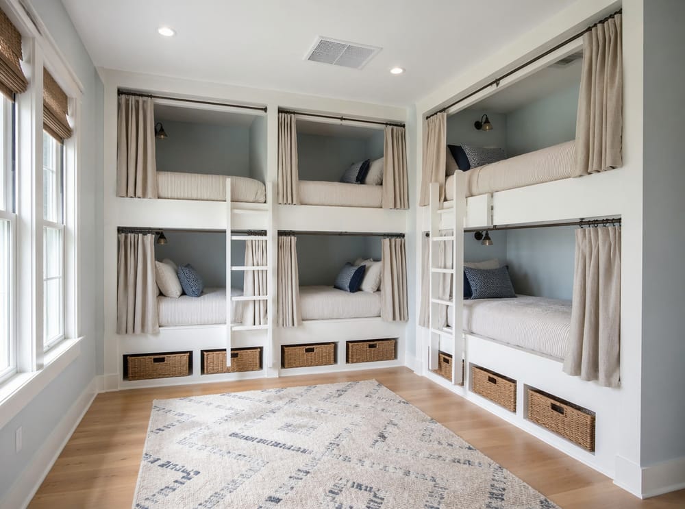 Layout em L com quatro beliches, cortinas de privacidade e nichos