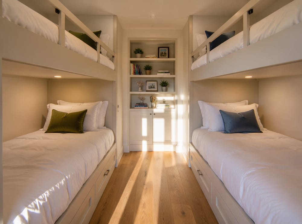 Quarto de beliche para hóspedes com spots embutidos e roupa de cama de hotel