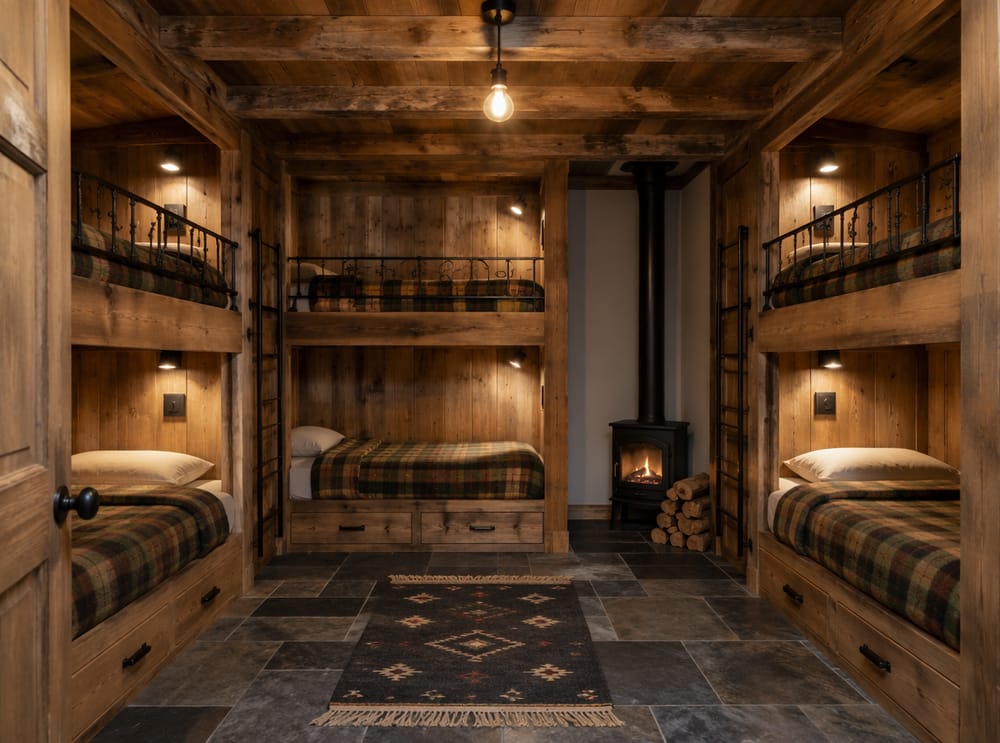 Quarto de beliche estilo chalé de esqui com nichos em pinho nodoso e guarda-corpo de ferro