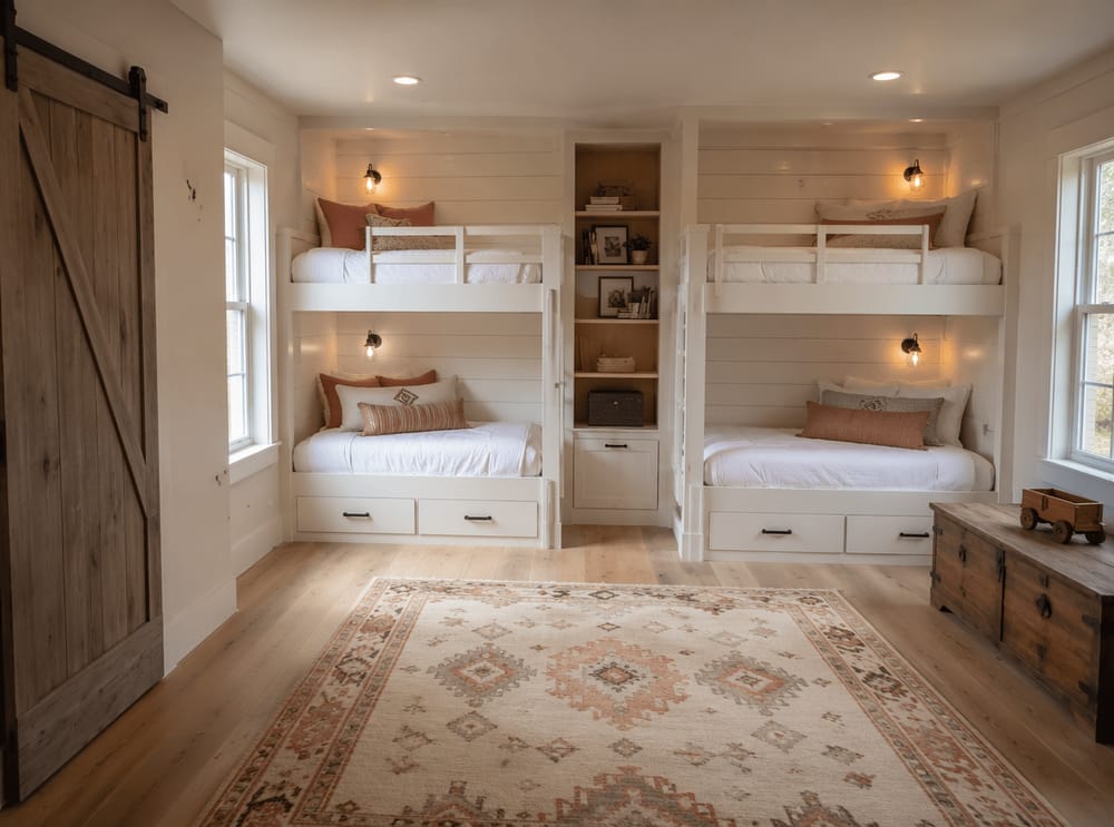 Quarto de beliche estilo fazenda com destaque em shiplap e porta de celeiro de correr