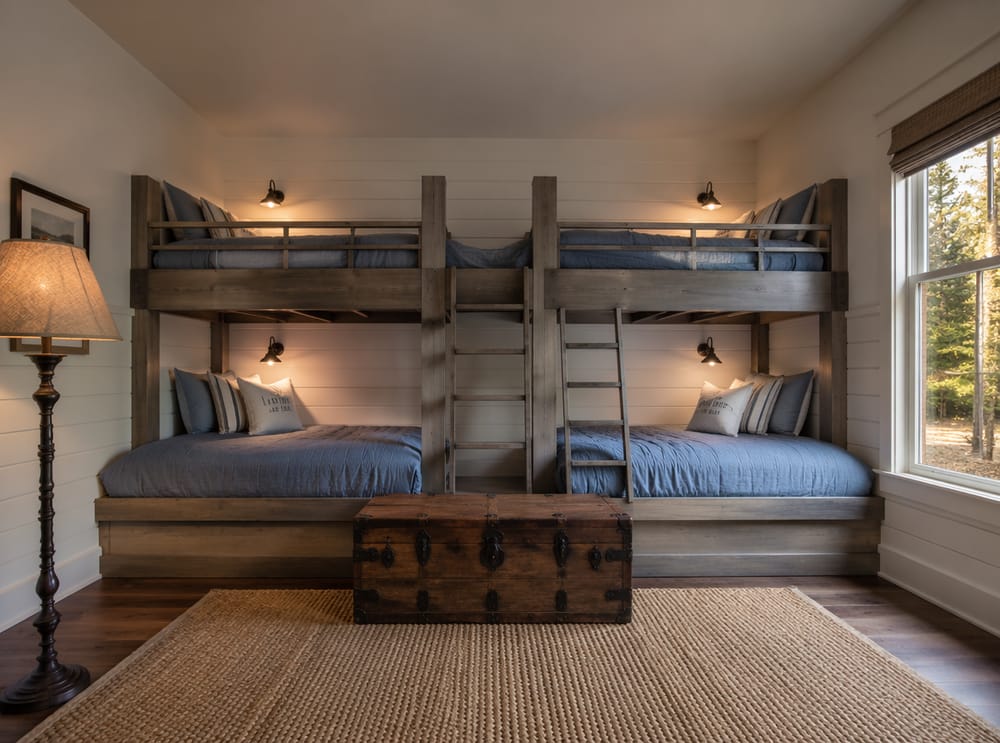 Beliches em casa de lago com roupa de cama chambray e paredes frisadas
