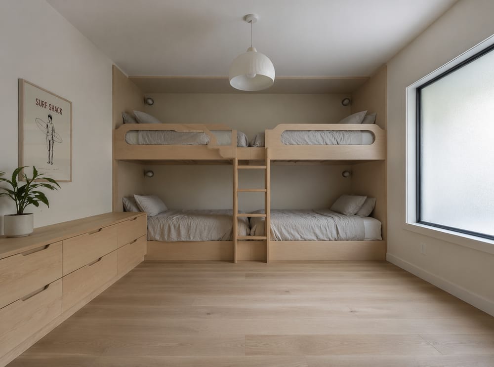 Quarto de beliche escandinavo com estruturas em bétula e roupa de cama em linho