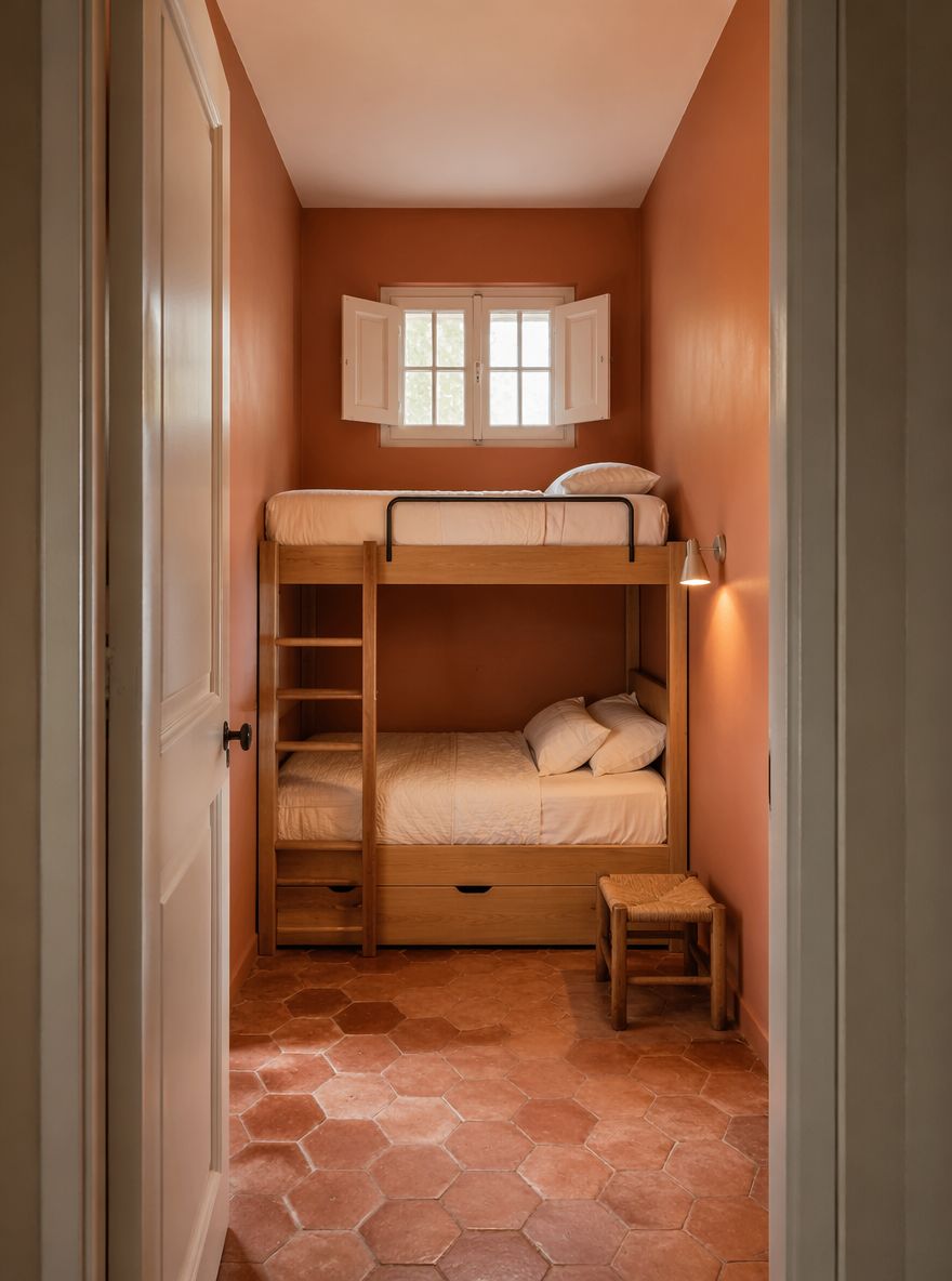 Quarto de beliche em terracota com piso de ladrilho hexagonal e persianas