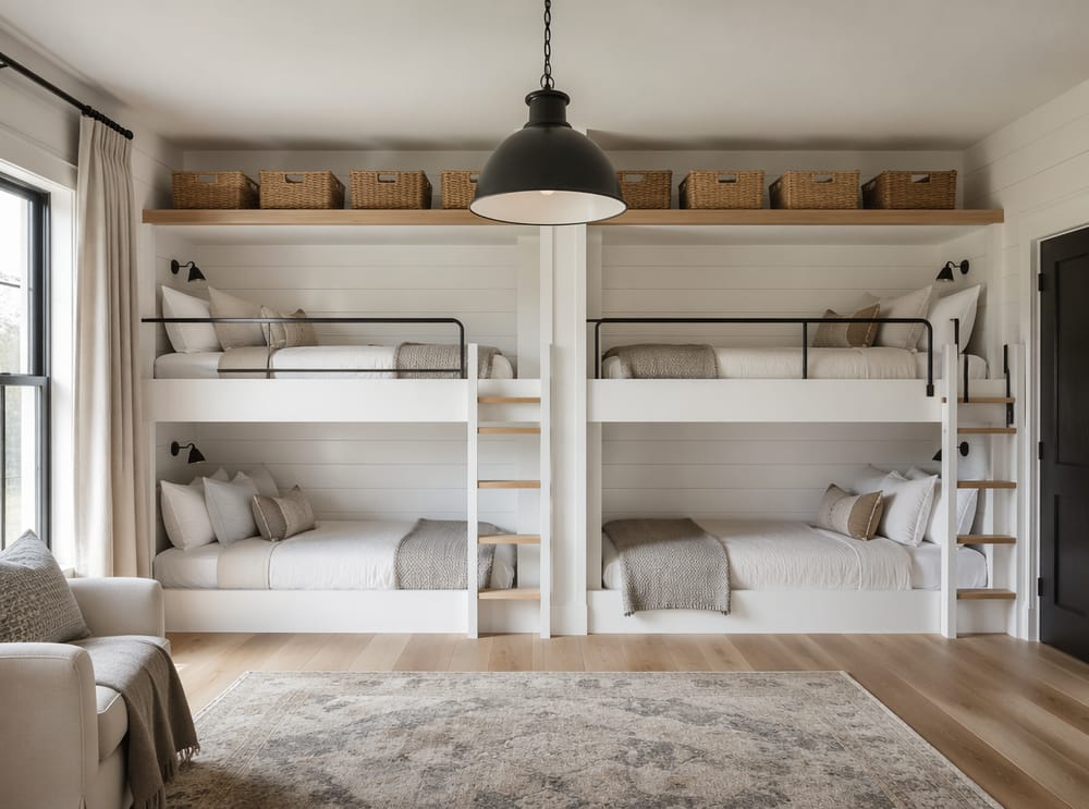 Beliches farmhouse modernos com guarda-corpos pretos e cestos de vime