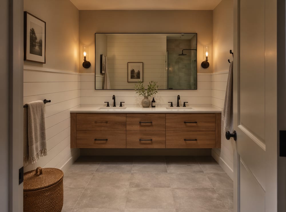Boiserie shiplap dietro una parete con doppio lavabo