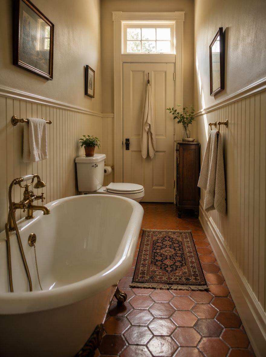 Doghe color crema che rivestono un bagno stretto in stile vintage