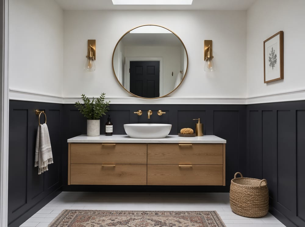Boiserie a pannello piatto color antracite con lavabo in ottone