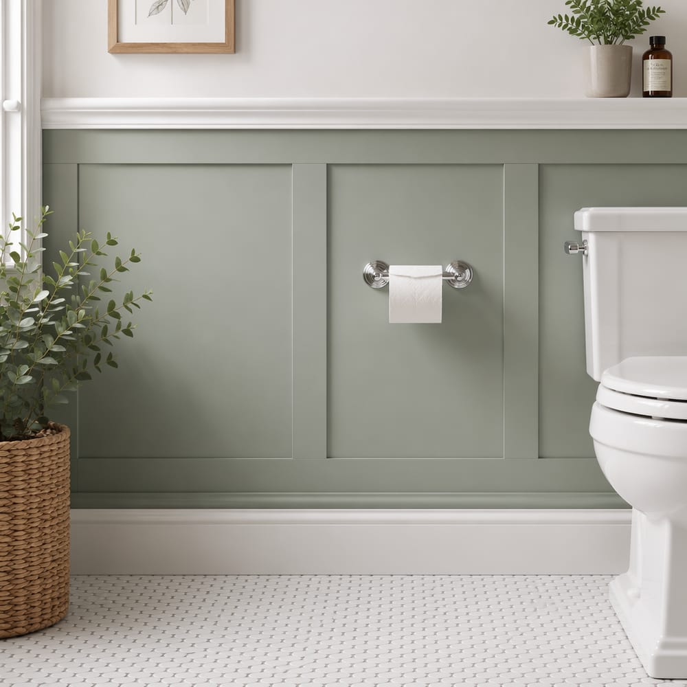 Boiserie verde salvia a pannello piatto con dettagli di cornice bianchi