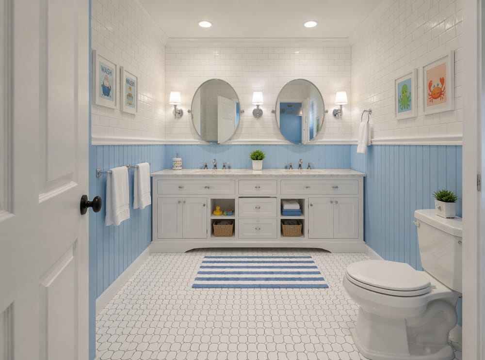 Doghe azzurro cielo in un bagno per bambini con doppio lavabo