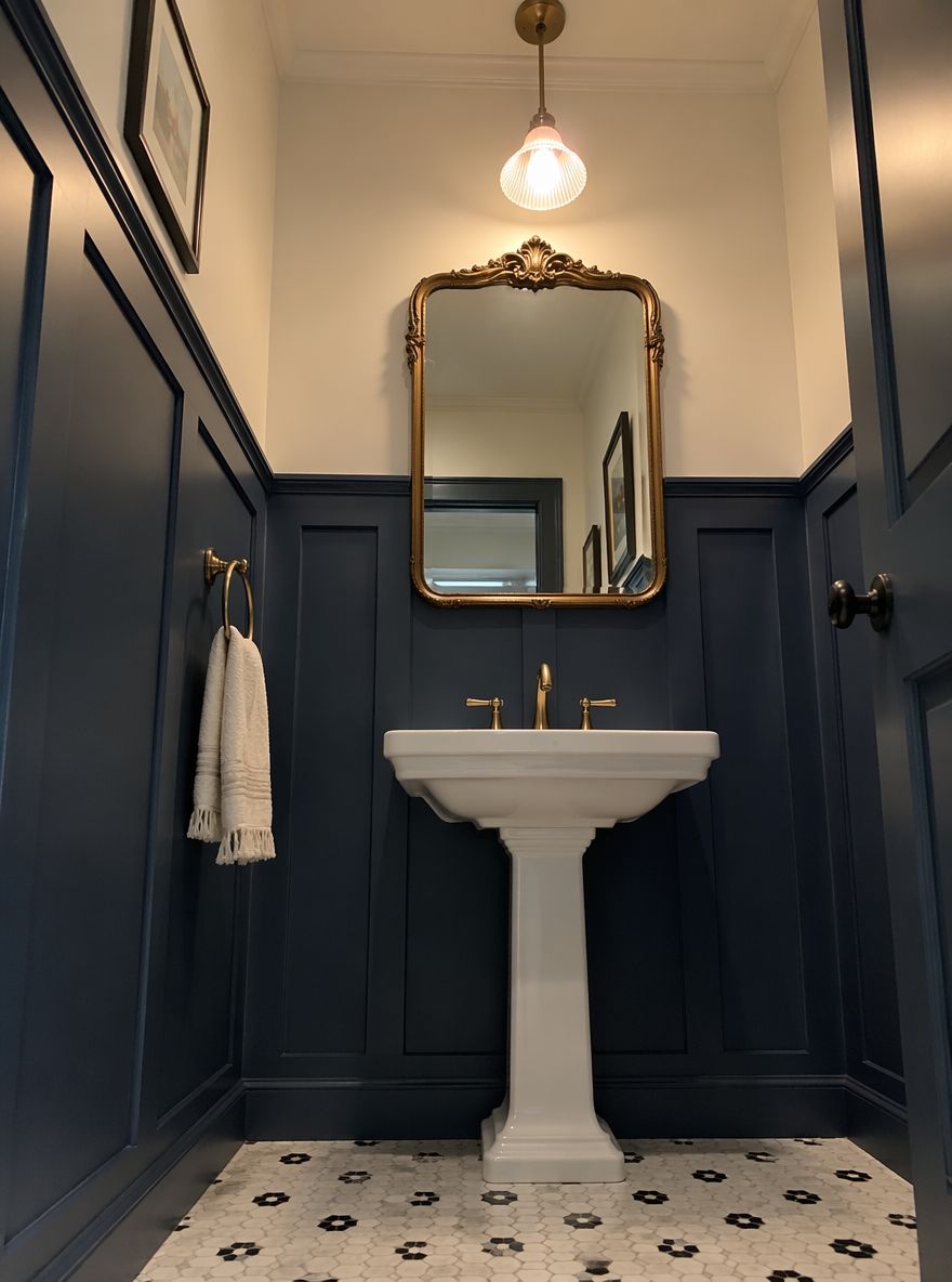 Pannelli a rilievo blu ardesia dietro lavabo a colonna