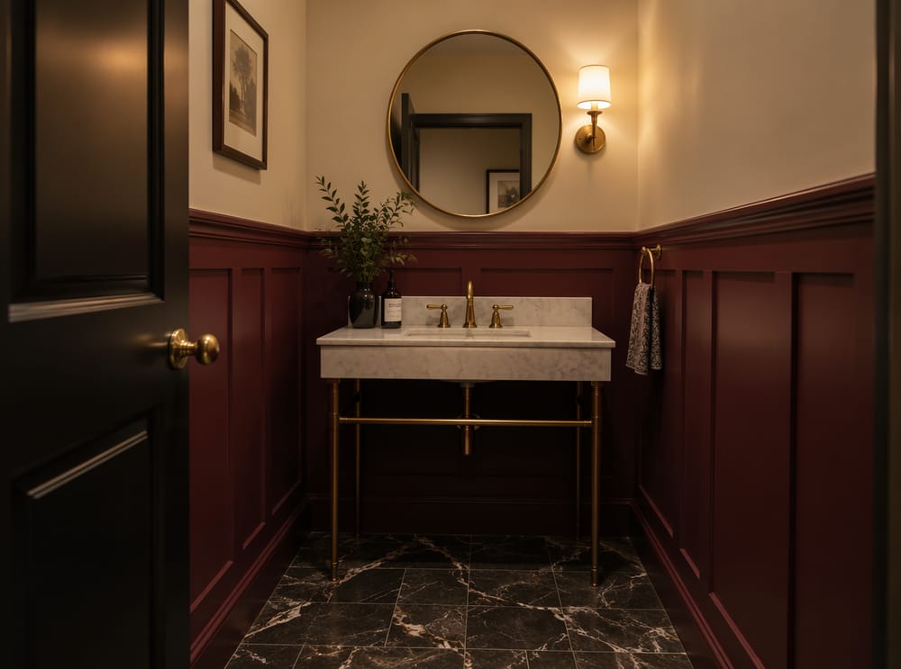 Boiserie a pannello piatto bordeaux in un bagno piccolo