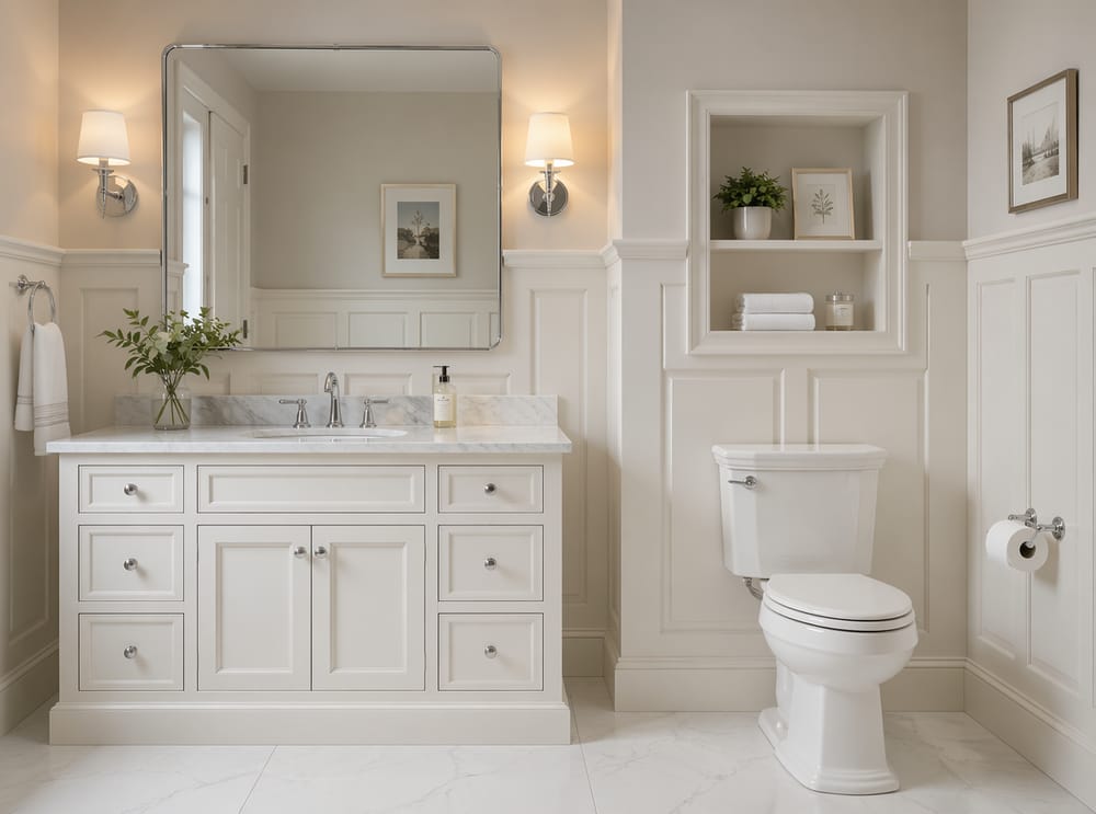 Pannelli a rilievo che unificano le pareti di lavabo e WC