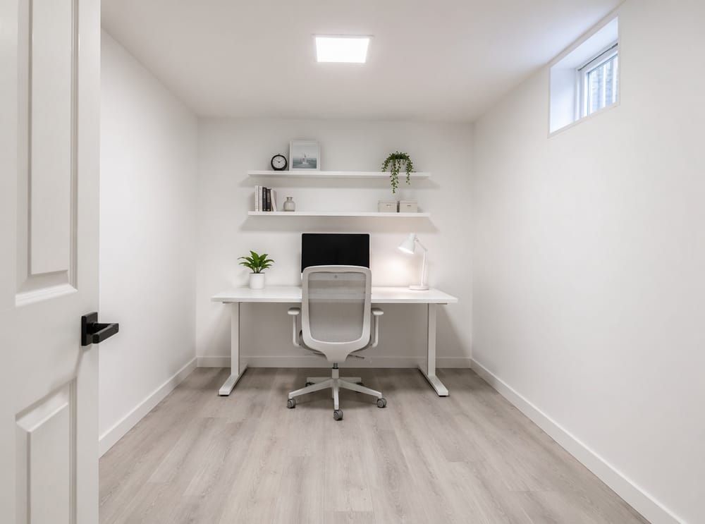 Escritorio blanco minimalista con panel LED al ras en el techo