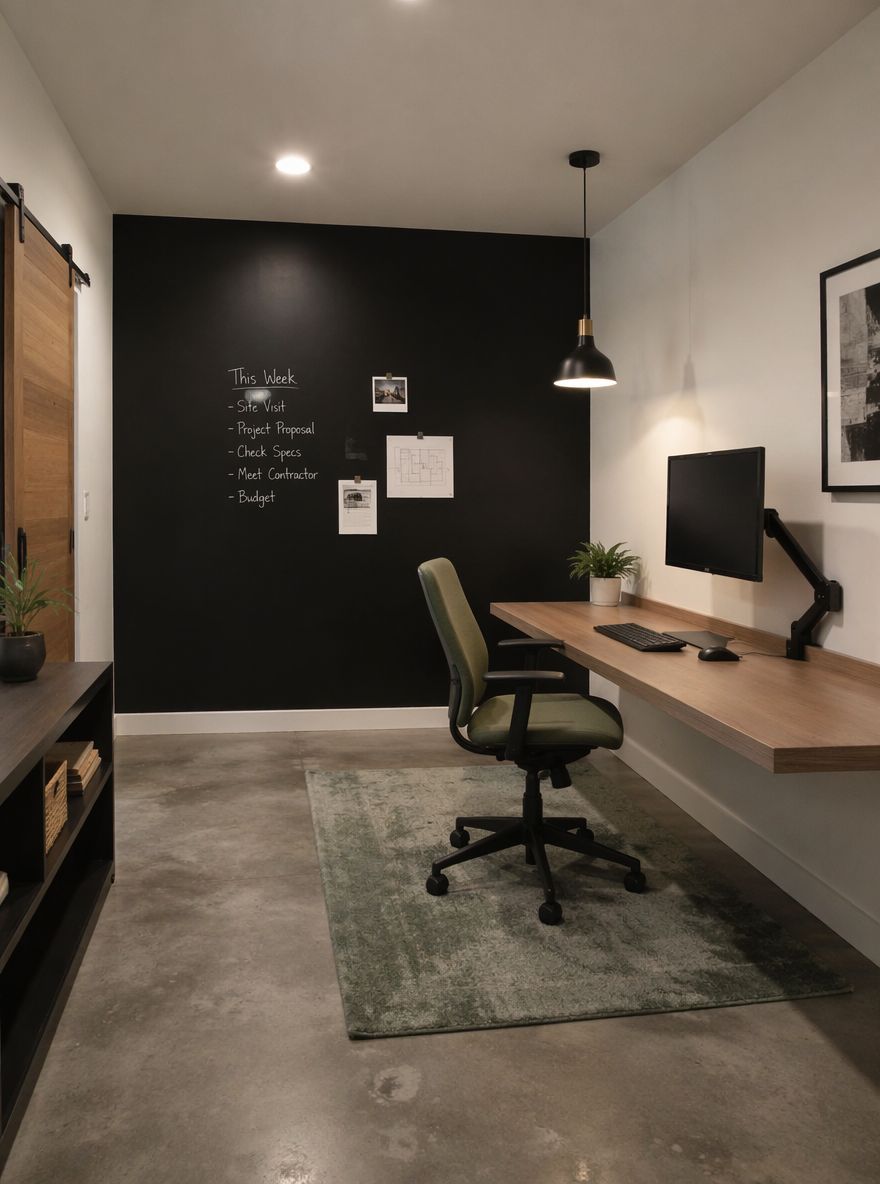 Escritorio flotante con pared acento de pizarra magnética