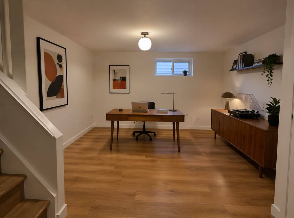 Escritorio y credenza de nogal estilo mid-century en sótano