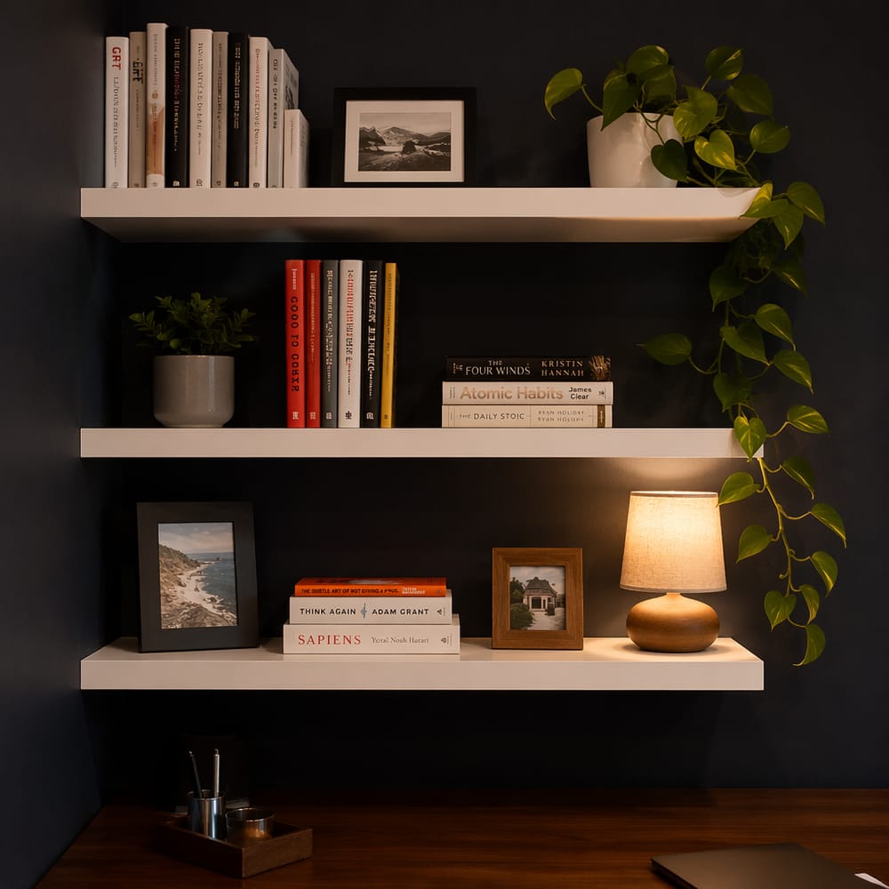 Estantería azul marino con libros y planta colgante