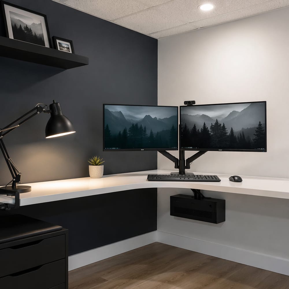 Escritorio de esquina con pared bicolor y gestión de cables