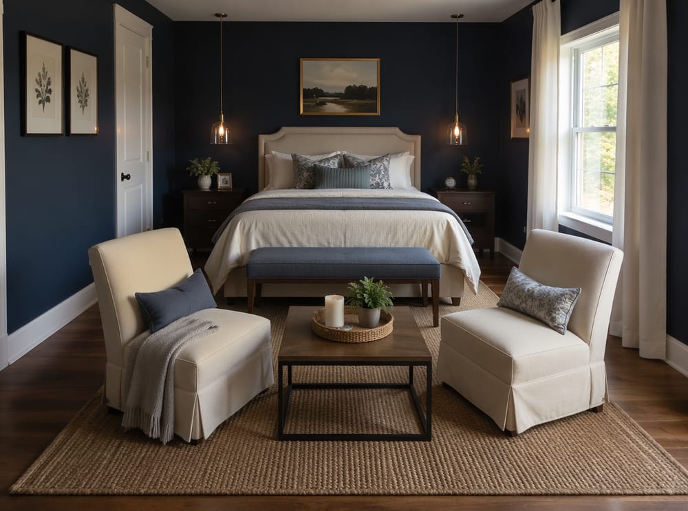 Banco y sillones bajos al pie de la cama