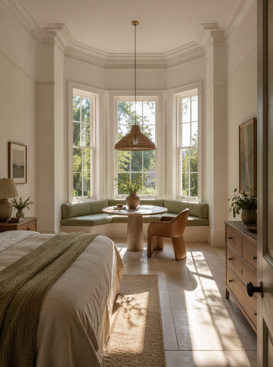 Asiento de ventana tipo bay window con mesa redonda pedestal