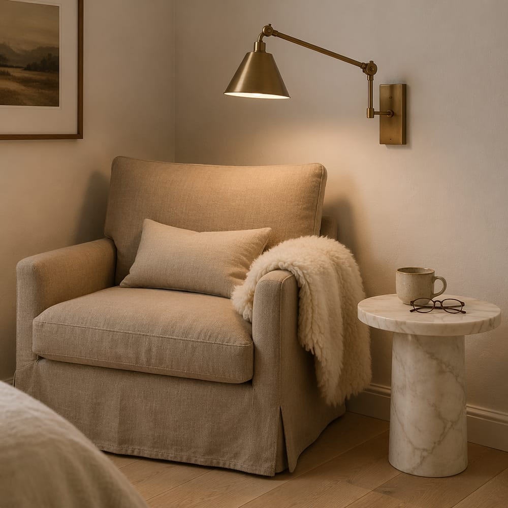 Sillón bajo con lámpara de pared de latón