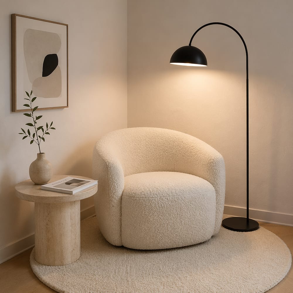 Silla bouclé marfil con mesa auxiliar de travertino