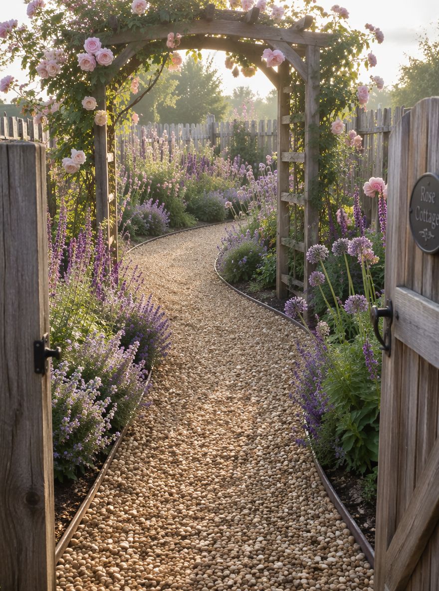 Grindpad slingert door cottage-achtige beplanting