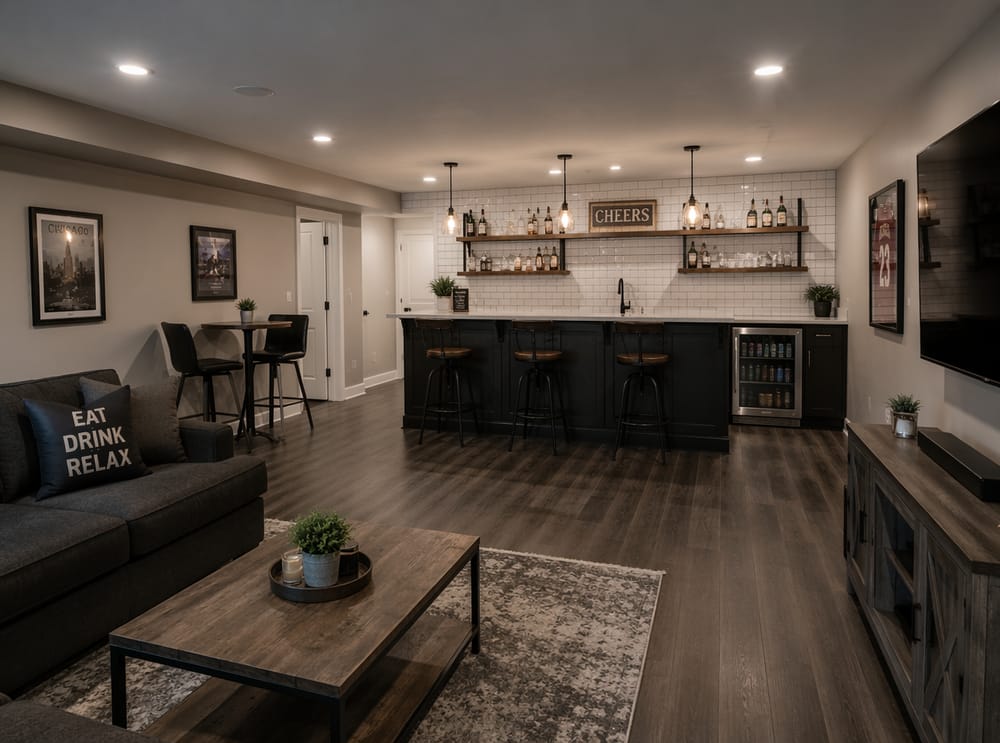Bar attrezzato a tutta parete con backsplash a piastrelle bianche
