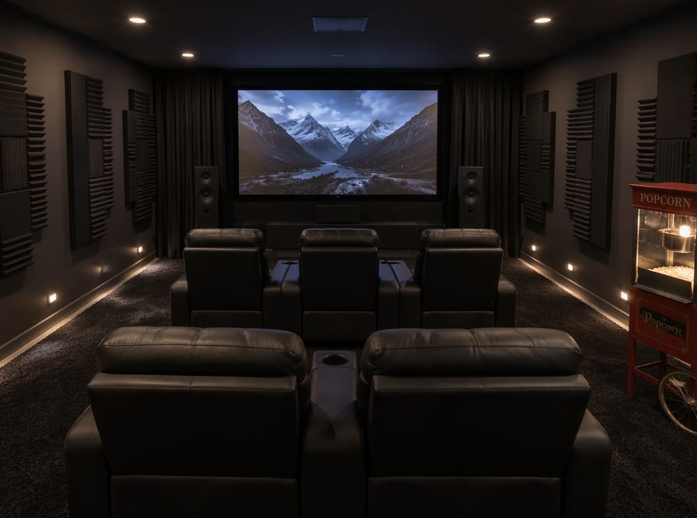 Home theater su due file con schermo di proiezione in seminterrato