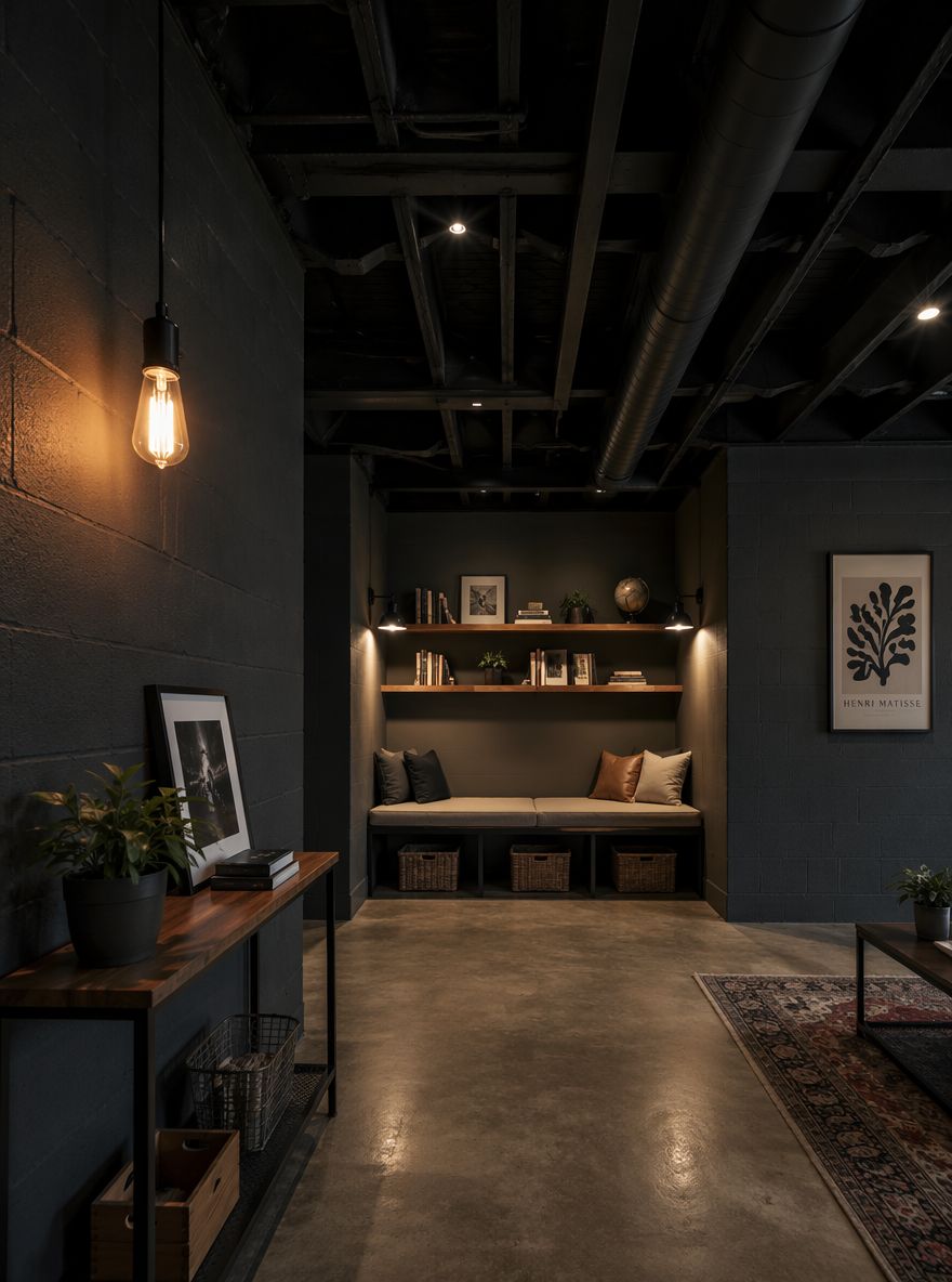 Canalizzazioni nere a vista sopra l’angolo lettura del seminterrato