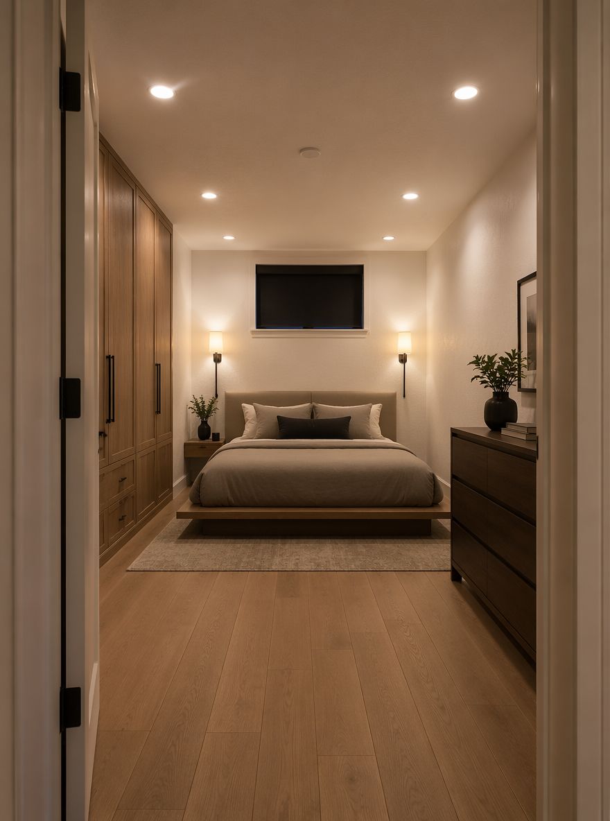 Letto rialzato con applique a parete su entrambi i lati